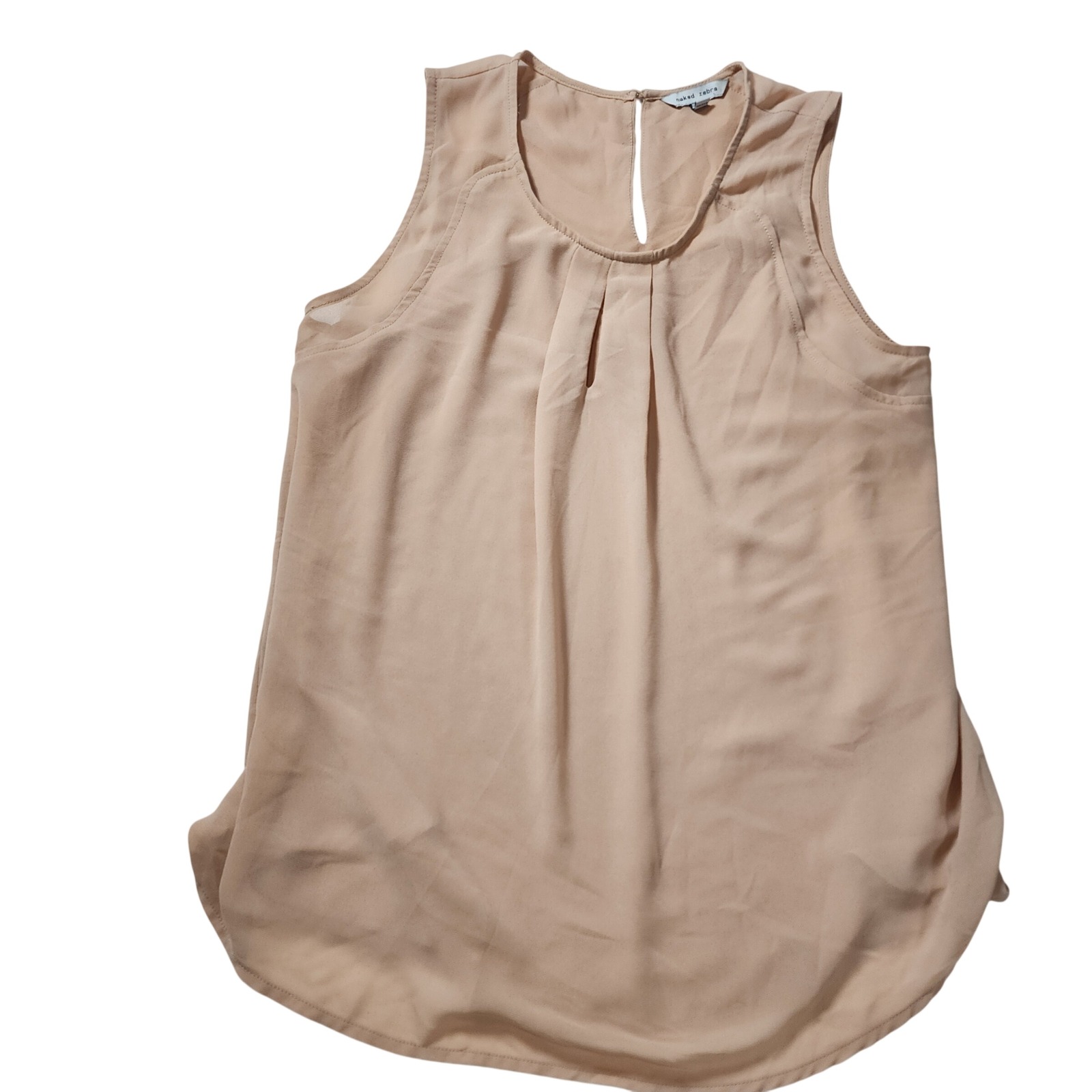 Naked Zebra Tan Beige Pleated Sleeveless Keyhole Back Blouse St5860 Small